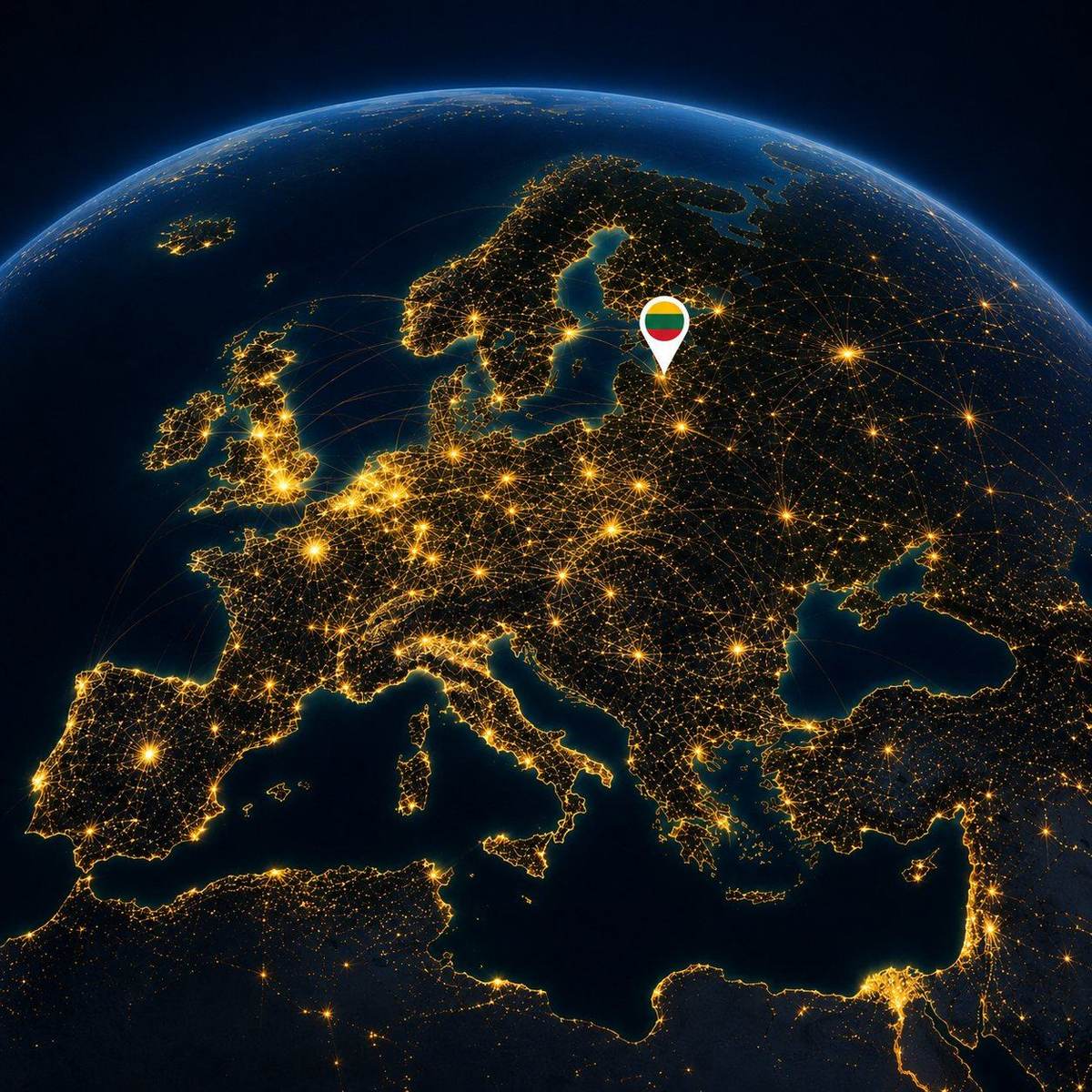 Europe seen from space at night, with Lithuania highlighted